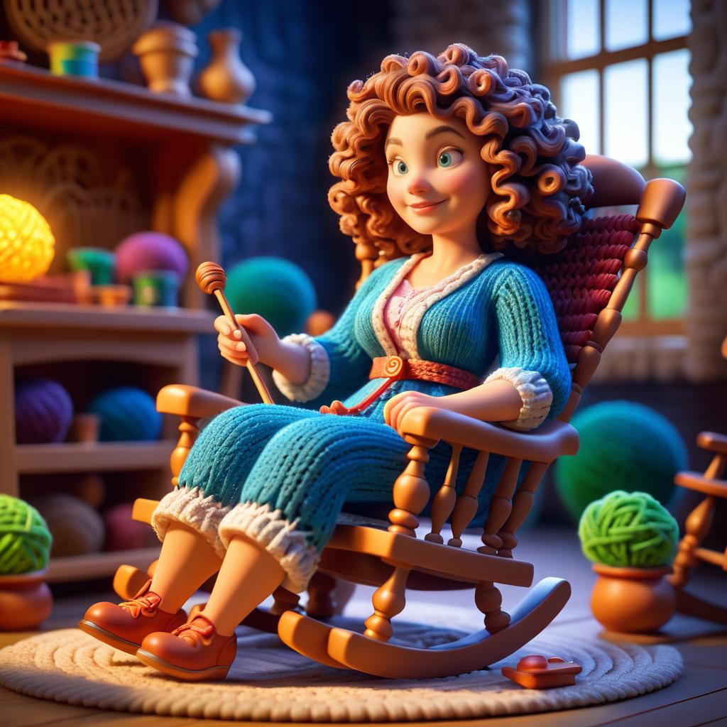 Vibrant 3D Cartoon Woman Knitting