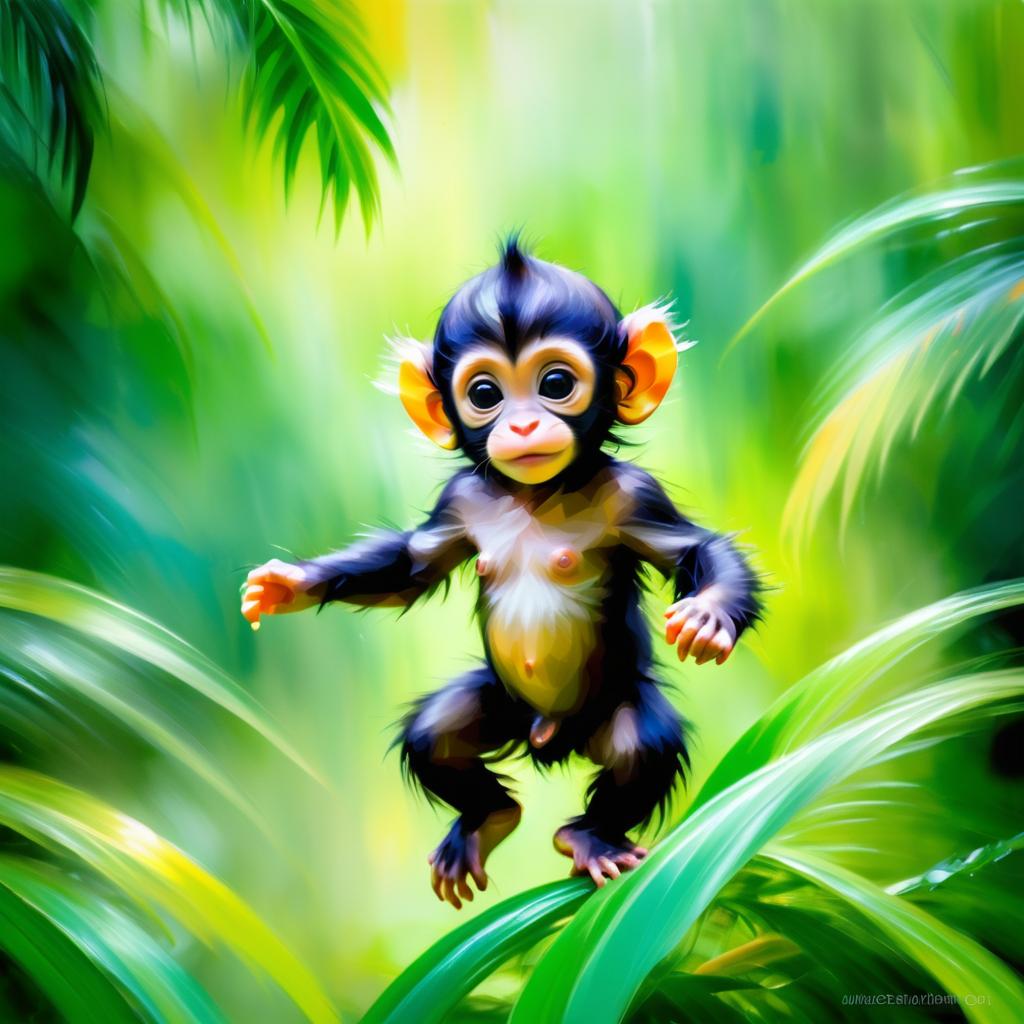 Impressionist Baby Monkey in Rainforest