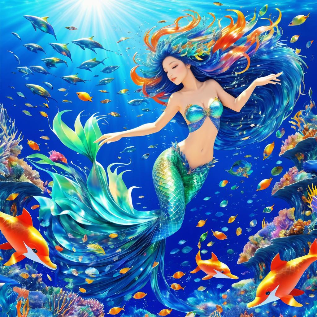 Iridescent Mermaid Above Coral Reef