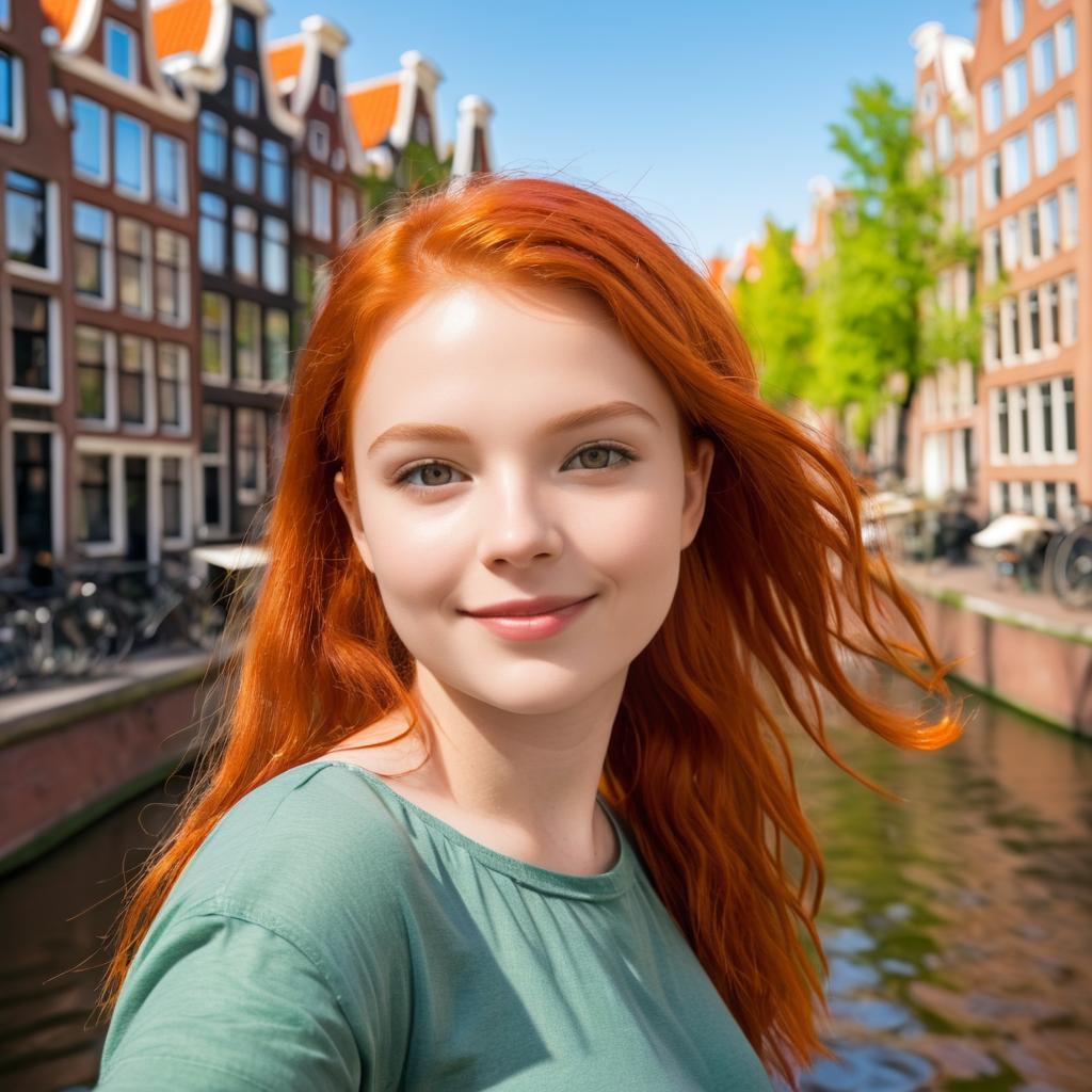 Joyful Red-Haired Girl by Amsterdam Canal