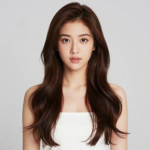 Photograph of a young Asian woman with long, dark brown, wavy hair, wearing a white strapless top, against a plain white background.