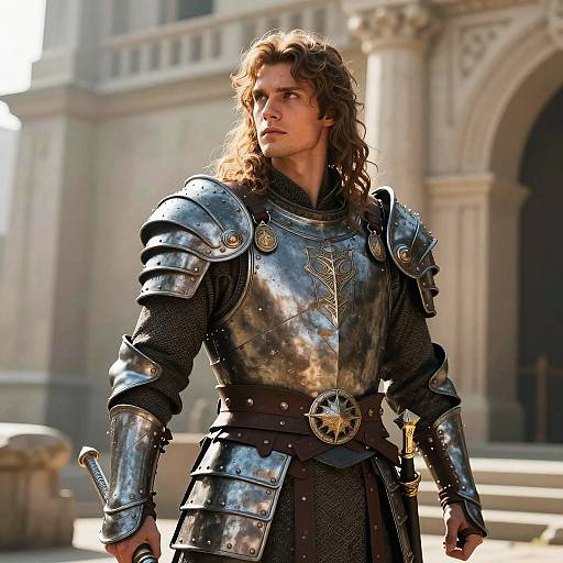 Armored Hero Before Ancient Stone Citadel