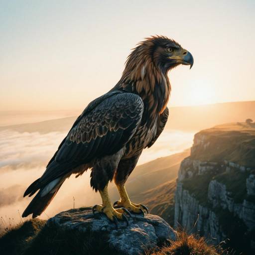 Mythical Griffin on Misty Cliff at Sunrise Mythical Griffin on Misty Cliff at Sunrise