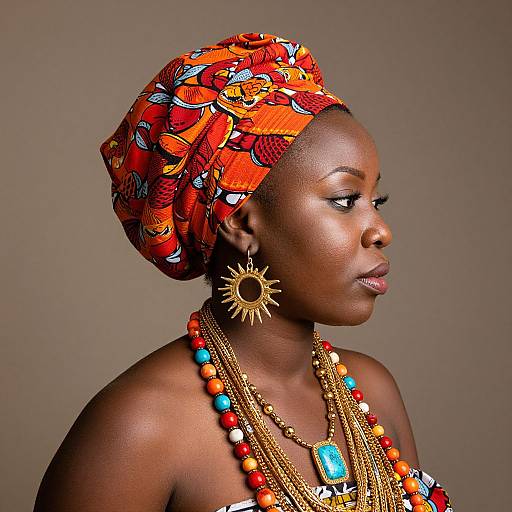 Photograph of a dark-skinned African woman with orange patterned headwrap, wearing colorful beaded necklaces, sunburst earrings, and looking to