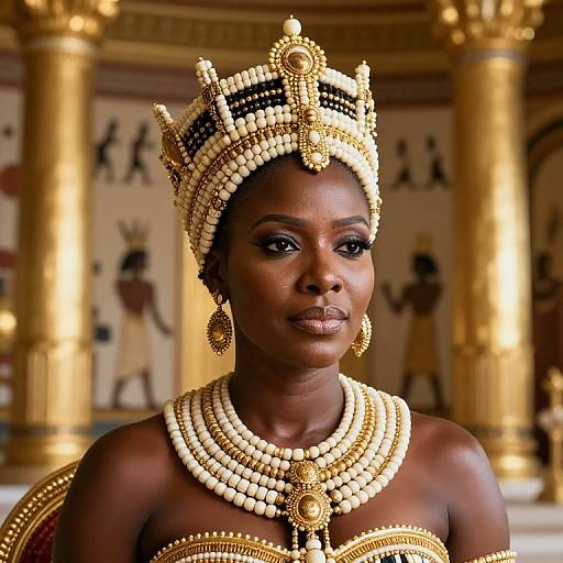 Photograph of a dark-skinned woman with regal gold and pearl headdress and necklace, standing in an opulent ancient Egyptian-style temple.