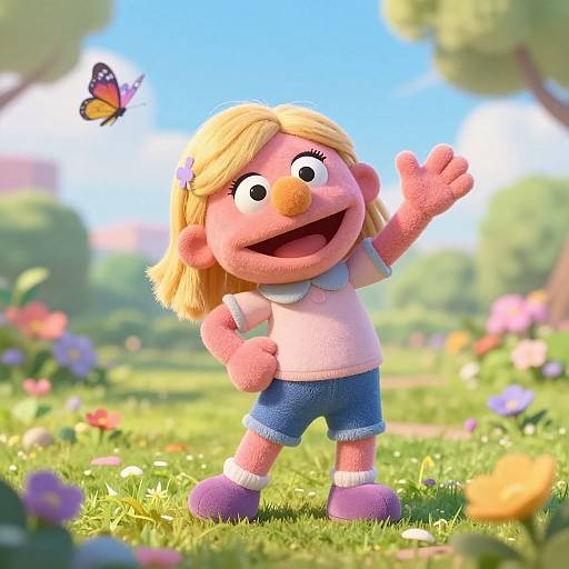CGI image of a smiling, pink-skinned, blonde-haired girl in pink shirt and blue shorts, waving at a butterfly in a sunny, colorful