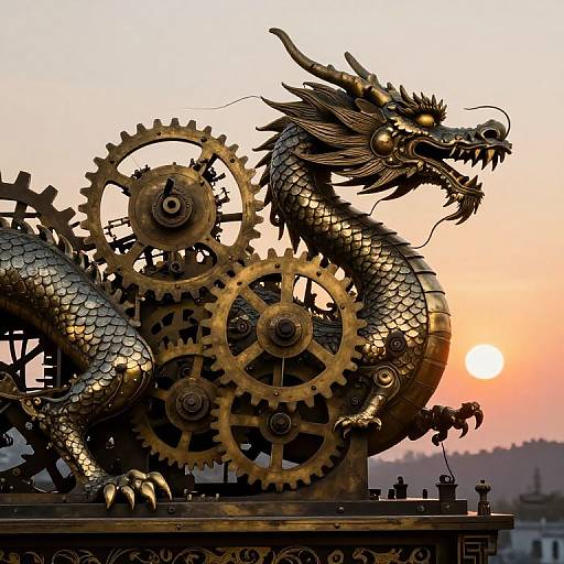 Ancient Clockwork Dragon at Sunset