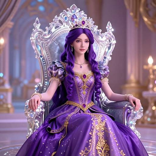 Digital art of a regal woman with long purple hair, wearing a detailed purple and gold gown, and a silver crown, sitting on an ornate