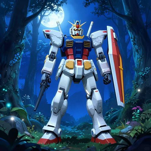 Giant white and red robot with shield and gun, standing in a blue moonlit forest, surrounded by glowing fireflies and lush greenery. Digital