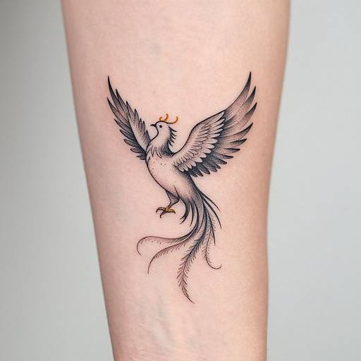 Tattoo of a detailed, black-and-white phoenix with outstretched wings and orange beak, featuring long, flowing tail feathers on pale skin