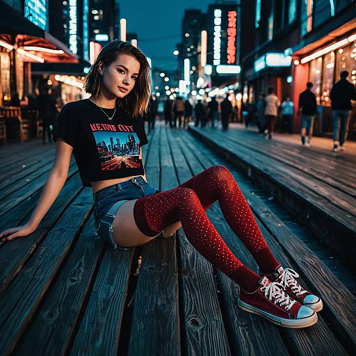 Teen Fashion in Cyberpunk City at Night