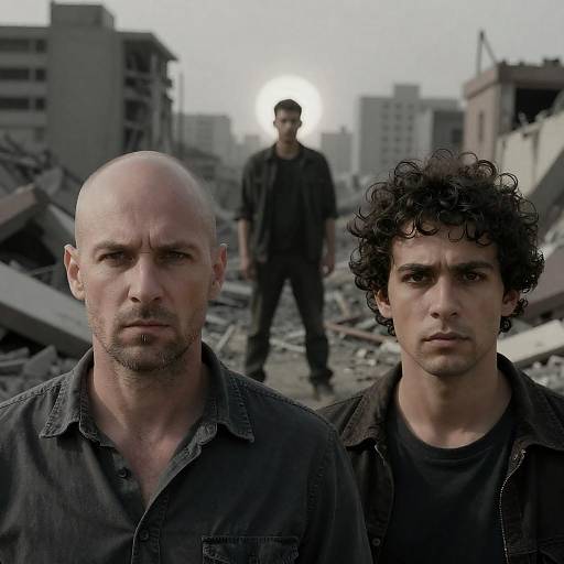 Intense Trio Amid Urban Destruction