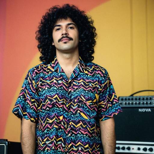 Curly Haired Man in Colorful 1980s Shirt