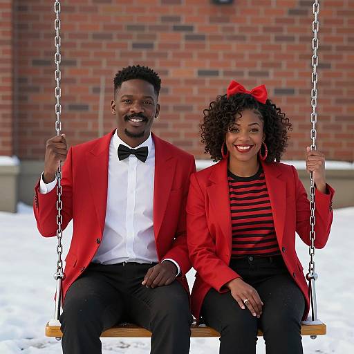 Couple in Red Jackets Sitting on Swing in Snow