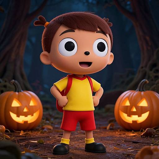 CGI image of a cute, cartoon boy with brown hair in pigtails, yellow shirt, red shorts, and yellow socks, standing in a