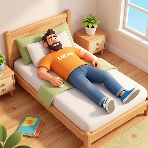 Cartoon-style digital illustration of a bearded man with dark hair, orange 