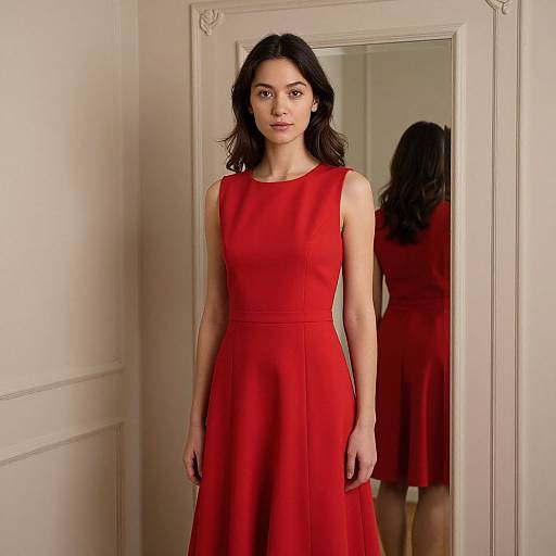 Photograph of a young woman with wavy black hair, wearing a sleeveless, red, knee-length dress, standing in front of a mirror in