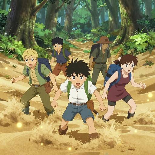 Anime-style digital illustration of five adventurers running through a sunlit forest with glowing light effects, wearing backpacks and hiking gear.