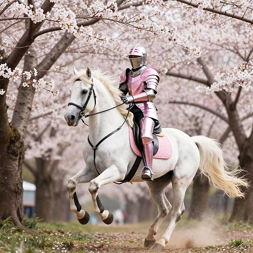 Pink Knight Charging Through Cherry Blossoms