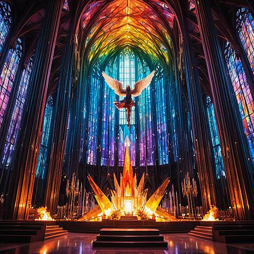 Crystal Cathedral Interior with Glass Angel and Rainbow Light