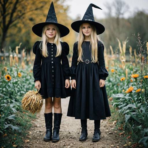 Two Girls in Witch Costumes Outdoors