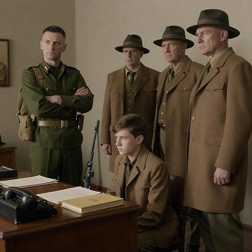 Men in Military and Vintage Attire in Office