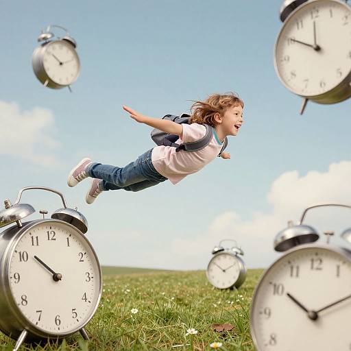 Photograph of a joyful, brown-haired girl with a backpack, flying mid-air among floating alarm clocks on a grassy field under a clear blue sky