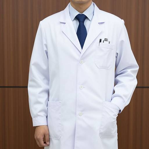 Photograph of a man in a white lab coat with a navy tie, left hand in pocket, wooden background, partial face not shown.