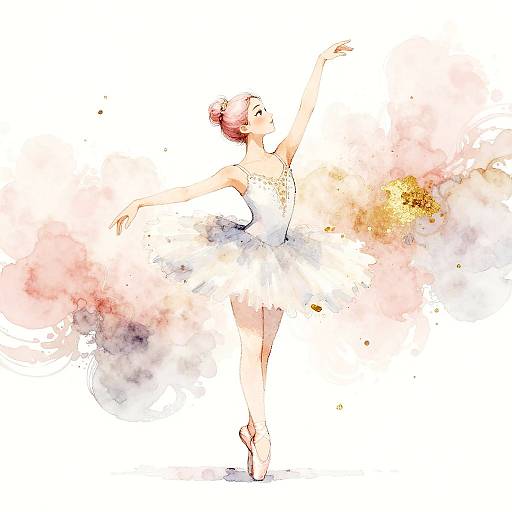 Watercolor illustration of a graceful ballerina in a white tutu, arms raised, surrounded by soft pink, yellow, and purple splashes.