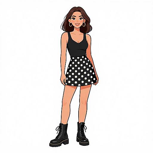 Digital illustration of a smiling woman with shoulder-length brown hair, wearing a black tank top, high-waisted polka dot skirt, black boots,