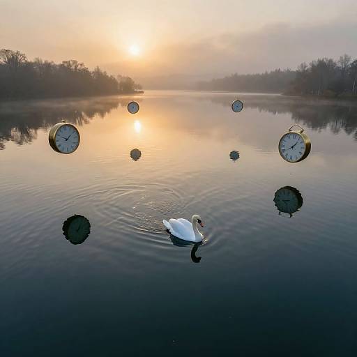 Photograph of a serene lake at sunrise with a white swan swimming, surrounded by floating clock faces, creating a surreal effect.
