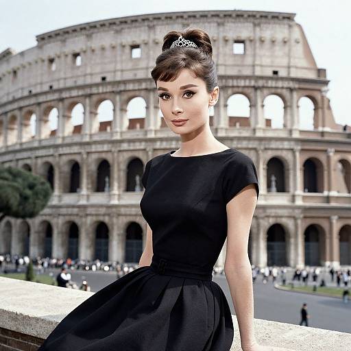 Photorealistic CGI image of a fair-skinned woman with dark hair in a bun, wearing a black dress and tiara, standing in front of