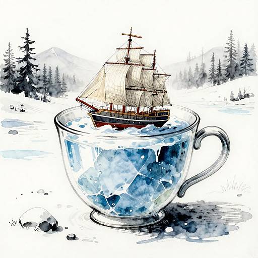 Fantasy Ice-Covered Teacup with Ship