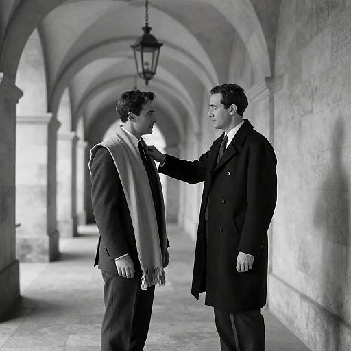 Black and White Photo of Two Men in Arched Corridor