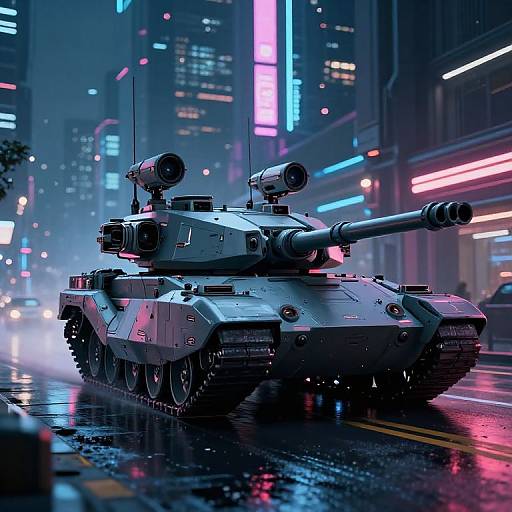 Digital artwork of a futuristic, armored tank with a large cannon driving through a neon-lit, rainy city street at night.