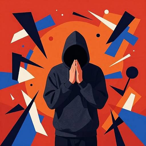Digital art: Black-hooded figure with hands in prayer pose against vibrant red background with geometric shapes in blue, white, and orange.
