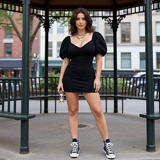 Photograph of a confident woman with wavy dark hair, wearing a black puffed-sleeve mini dress, black and white sneakers, gold necklace