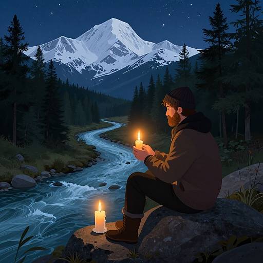 Bearded Man Candlelit Mountain Scene