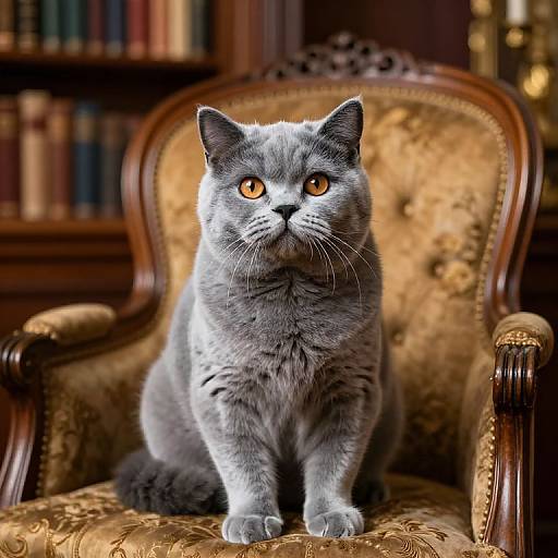 Photograph of a gray British Shorthair cat with striking orange eyes, sitting on an ornate, gold-patterned armchair in a library setting
