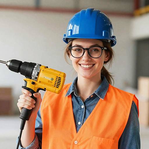 Smiling Woman with Industrial Drill