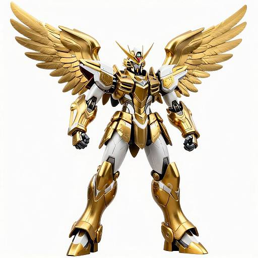 Digital illustration of a golden, white, and black mecha with large, detailed wings, standing in a powerful stance against a white background.