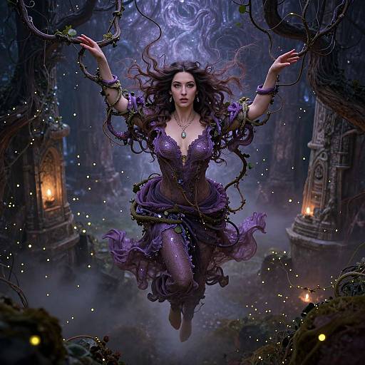 Digital fantasy artwork: A floating, dark-haired woman in a purple, vine-entwined dress, glowing pendant, ethereal forest, mystical blue