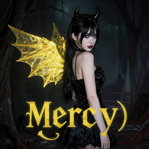 Digital art: Gothic woman with black hair, red lipstick, black dress, yellow glowing bat wings, black horns, dark forest background, 
