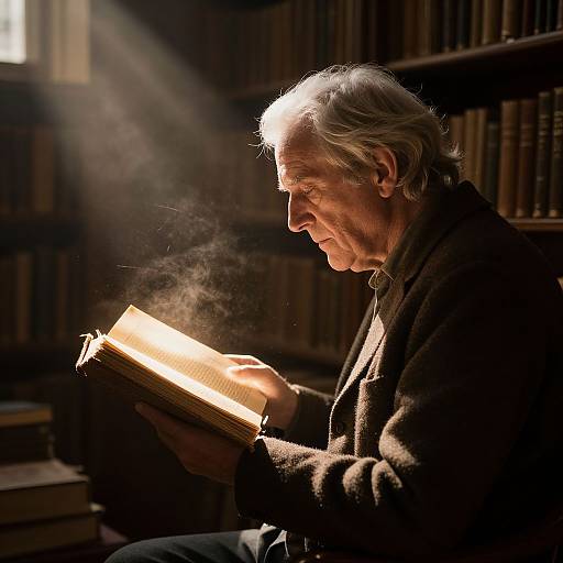 Old Man Reading in Sunlit Library