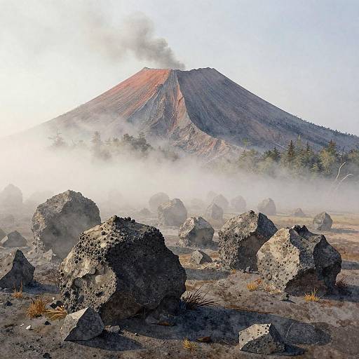 Photograph of an active volcano with a reddish, steep peak emitting smoke, surrounded by rocky terrain, scattered boulders, and mist.