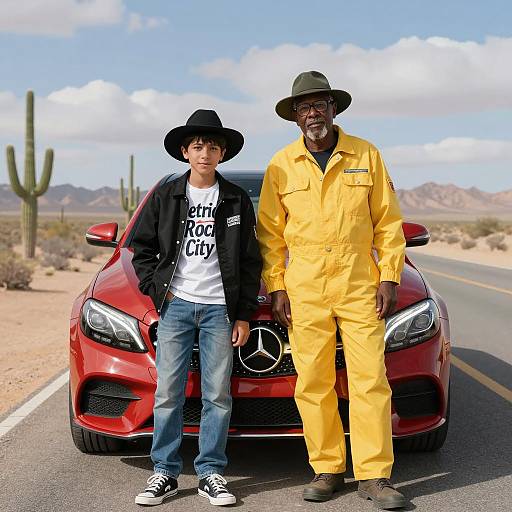 Two People Standing by Red Mercedes-Benz in Desert