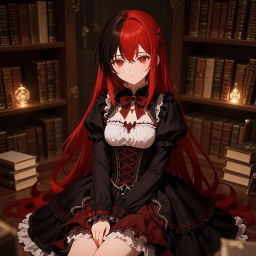 Anime-style digital art of a red and black-haired girl with red eyes, wearing a gothic black dress, sitting in a dimly lit library with