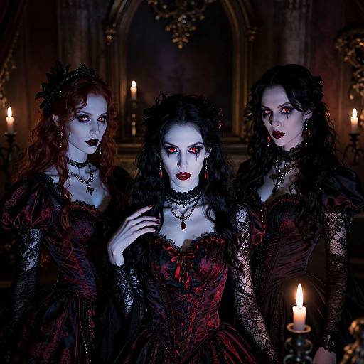 Photograph of three pale, gothic women with red eyes, black lace dresses, dark lipstick, and intricate jewelry, standing in a dimly lit