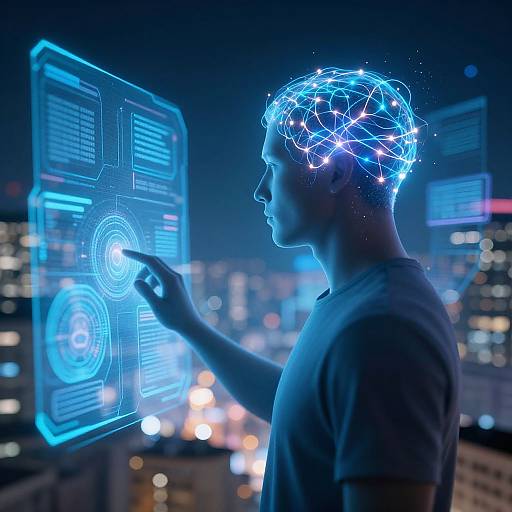 Photograph of a silhouette man with a glowing blue brain interface, pointing at a holographic screen in a cityscape at night.