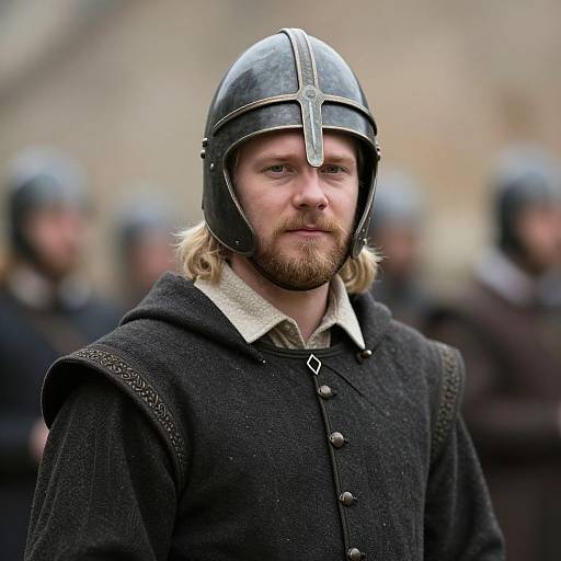 Photograph of a Caucasian man with blonde hair and beard, wearing a black medieval helmet and dark woolen tunic, standing among blurred, similarly dressed